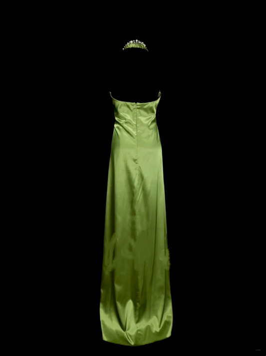 Simple A line Halter Olive Green Ruched Satin Long Prom Dress Ideas With Pleated Formal Party Dress Inspo For Women OB021