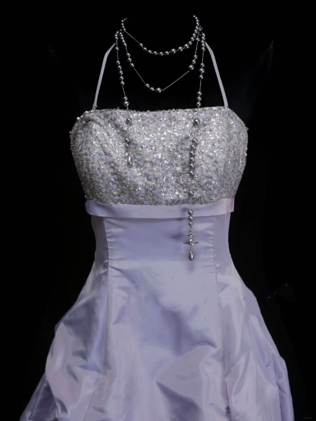 Robe de bal élégante, dos nu, lilas, sequins argentés, organza orné de perles, robe de soirée longue à volants, robe tendance pour femme OB023