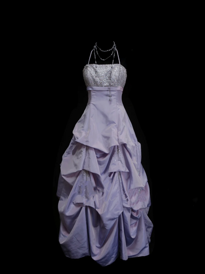 Robe de bal élégante, dos nu, lilas, sequins argentés, organza orné de perles, robe de soirée longue à volants, robe tendance pour femme OB023
