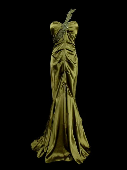 Modest Mermaid One Shoulder Olive Green Ruched Satin Long Prom Dress Ideas With Pleated Formal Party Dress Inspo For Women OB024