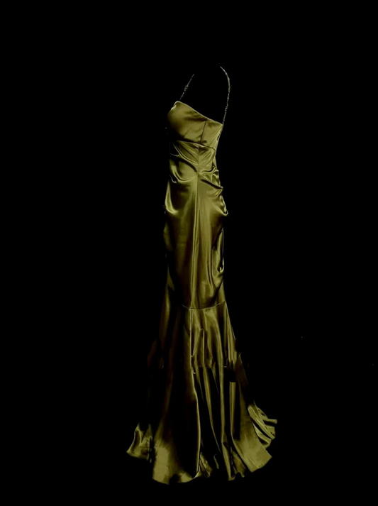 Modest Mermaid One Shoulder Olive Green Ruched Satin Long Prom Dress Ideas With Pleated Formal Party Dress Inspo For Women OB024