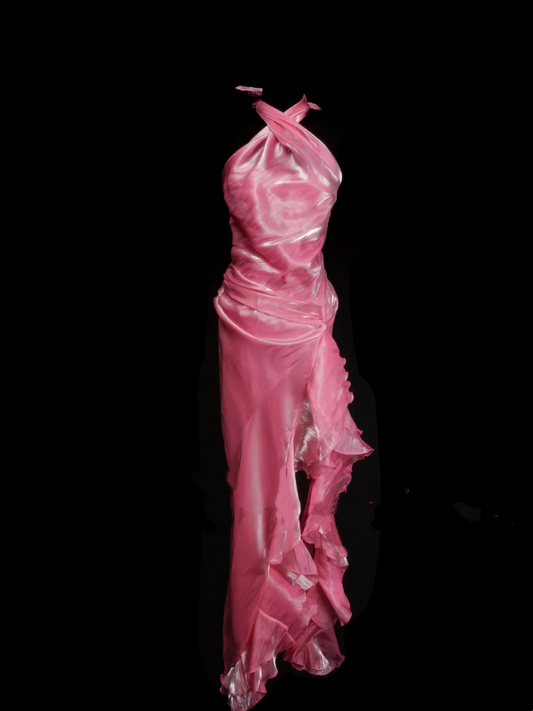Modest Mermaid Halter Pink Ruched Long Prom Dress Ideas With Pleated Formal Party Dress Inspo For Women OB025