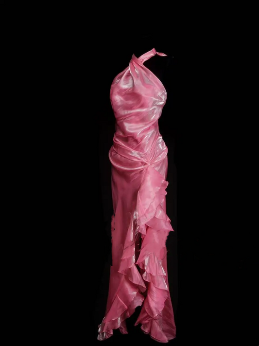 Modest Mermaid Halter Pink Ruched Long Prom Dress Ideas With Pleated Formal Party Dress Inspo For Women OB025