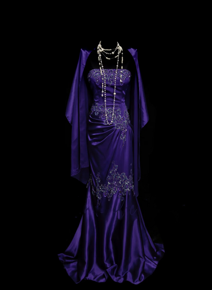 Elegantes, trägerloses Meerjungfrauen-Abendkleid aus lila Satin mit Applikationen und Perlenstickerei – ein trendiges Partykleid für Damen (OB026)