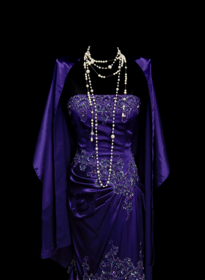 Elegantes, trägerloses Meerjungfrauen-Abendkleid aus lila Satin mit Applikationen und Perlenstickerei – ein trendiges Partykleid für Damen (OB026)