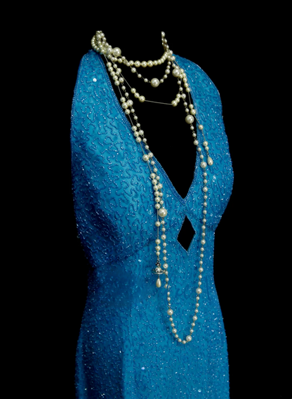 Modest Prom Dresses Aesthetic Mermaid Halter Blue Inspiration Backless Sequin Style Impress Long Party Formal Gown OB029