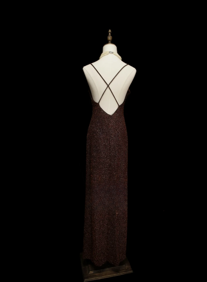Elegantes, formelles A-Linien-Kleid mit Spaghettiträgern, braunem Paillettenbesatz, beeindruckendes langes Ballkleid, Abendkleid OB031