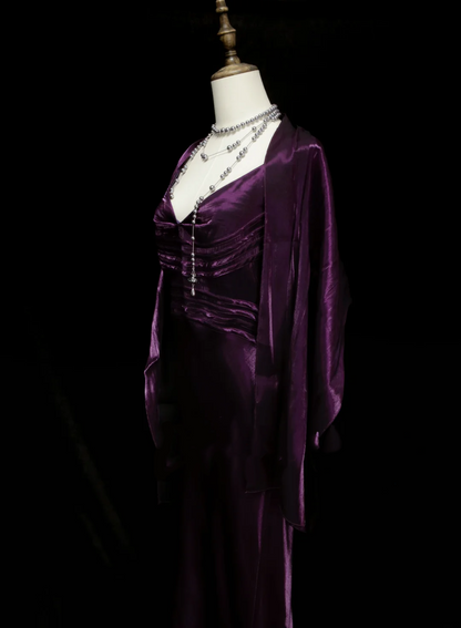Chic Formal Mermaid Spaghetti Strap Purple Satin With Cape Style Impress Long Prom Dresses Party Gowns OB032