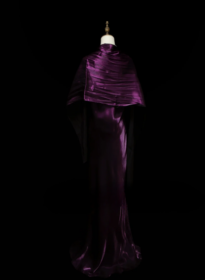 Chic Formal Mermaid Spaghetti Strap Purple Satin With Cape Style Impress Long Prom Dresses Party Gowns OB032