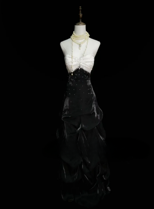 Chic Formal Mermaid Spaghetti Strap White Tops Black Skirt Satin With Beads Style Impress Long Prom Dresses Party Gowns OB033