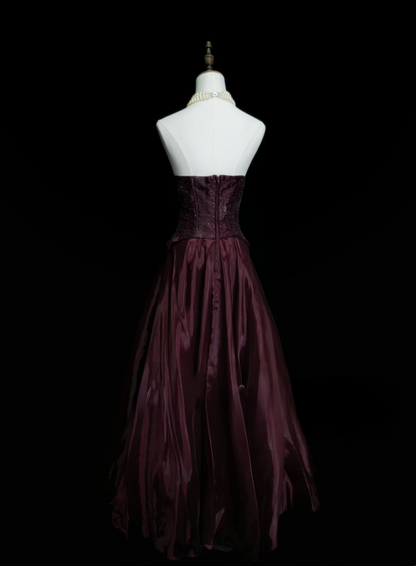 Elegantes, trägerloses Ballkleid in Burgunderrot mit Perlenbesatz – ein beeindruckendes langes Abendkleid für Abschlussball und Party (OB035)