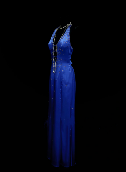 Robe de bal longue sirène dos nu en satin bleu royal - Inspiration tenue de soirée OB039