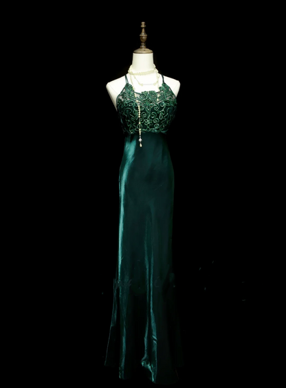 Vintage Meerjungfrauen-Halterkleid, dunkelgrün, lang, 70er Jahre, Ballkleid, formelle Abendgarderobe, Inspiration für ein Abendoutfit OB039