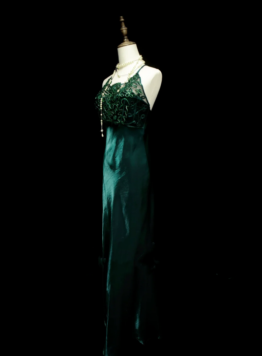 Robe de bal sirène vintage vert foncé, longue, style années 70, inspiration robe de soirée OB039