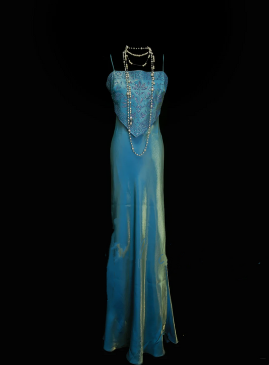Robe de bal sirène vintage deux pièces bleue à fines bretelles, style années 70, inspiration tenue de soirée OB040