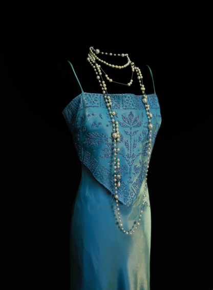 Vintage Meerjungfrauen-Zweiteiler, blaues Spaghettiträger-Abendkleid im 70er-Jahre-Stil, formelles Abendkleid, Inspiration OB040