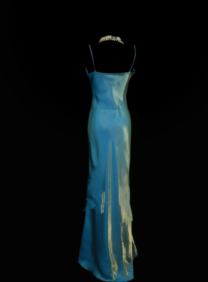 Vintage Meerjungfrauen-Zweiteiler, blaues Spaghettiträger-Abendkleid im 70er-Jahre-Stil, formelles Abendkleid, Inspiration OB040