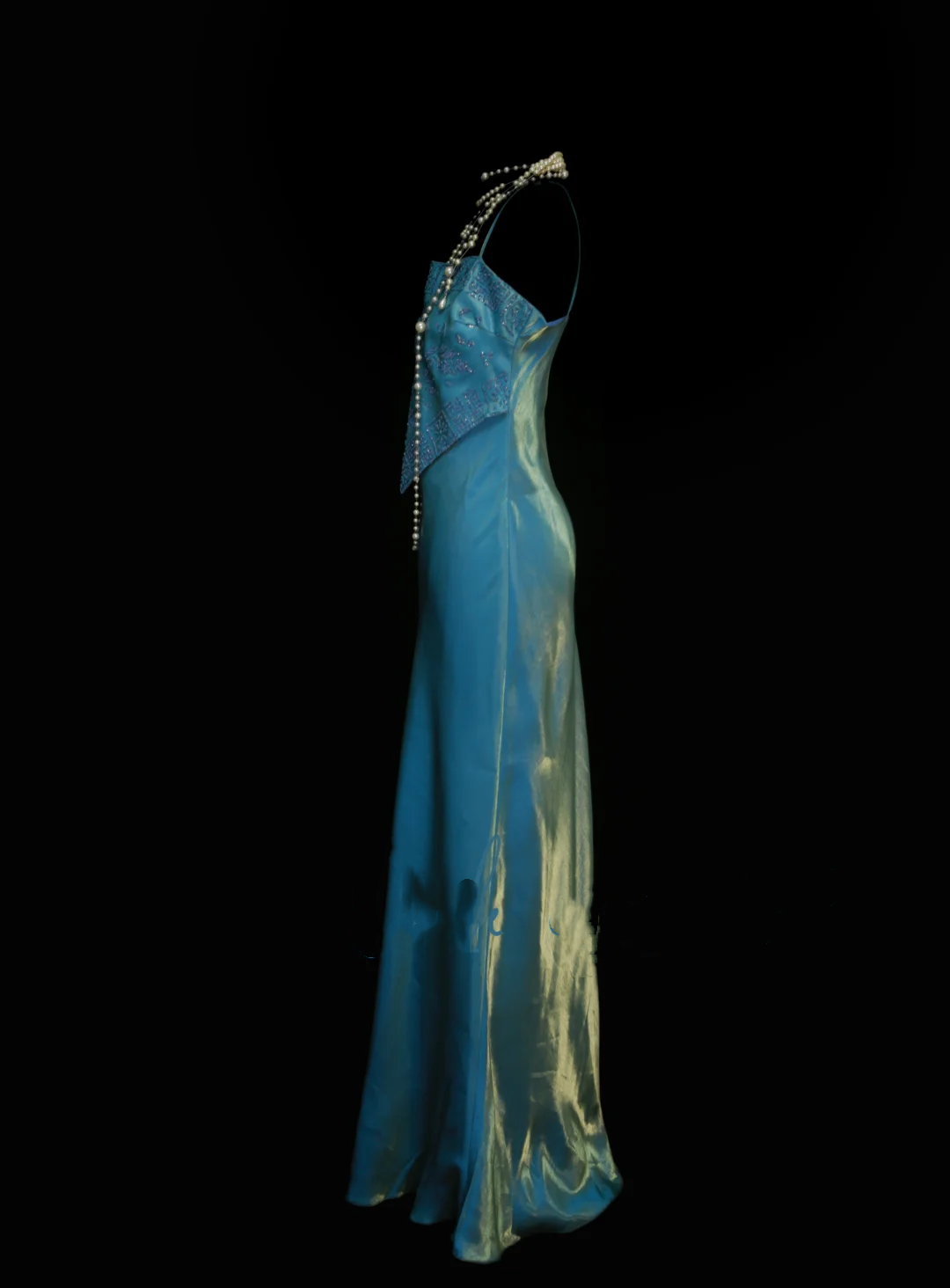 Vintage Meerjungfrauen-Zweiteiler, blaues Spaghettiträger-Abendkleid im 70er-Jahre-Stil, formelles Abendkleid, Inspiration OB040