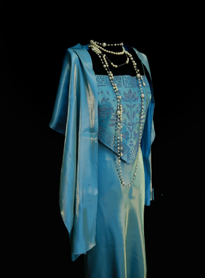 Vintage Meerjungfrauen-Zweiteiler, blaues Spaghettiträger-Abendkleid im 70er-Jahre-Stil, formelles Abendkleid, Inspiration OB040