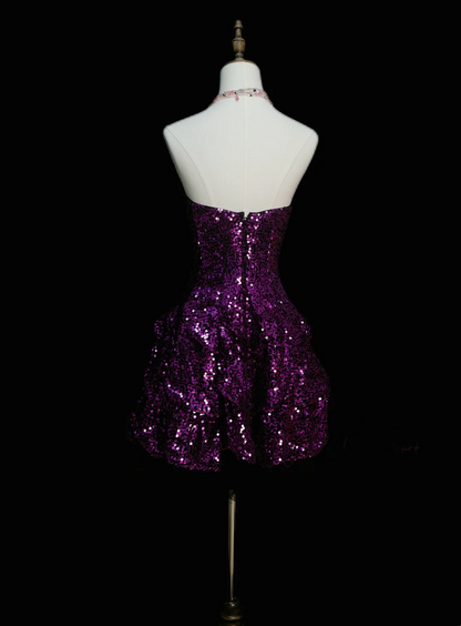 Robe de bal scintillante à encolure cœur et sequins raisin, courte, pour un 16e anniversaire, robe de bal de fin d'année de collège, robe de cocktail OB041