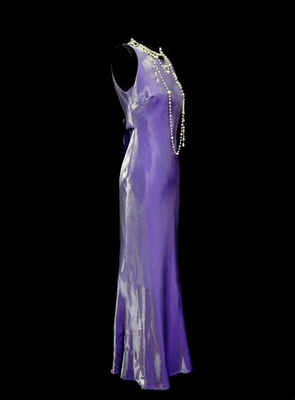 Vintage Meerjungfrauen-Abendkleid, lila, ärmellos, rückenfrei, lang, im Stil der 70er Jahre, Abendkleid-Inspiration OB044