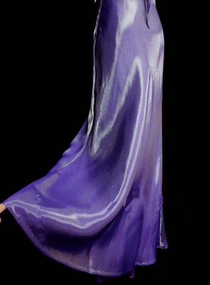 Vintage Meerjungfrauen-Abendkleid, lila, ärmellos, rückenfrei, lang, im Stil der 70er Jahre, Abendkleid-Inspiration OB044