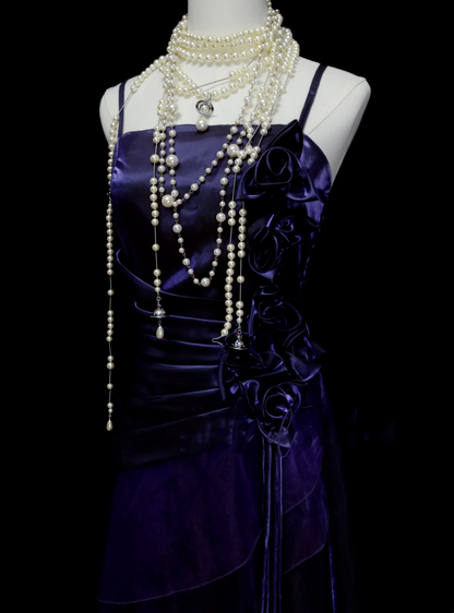 Robe de bal longue chic à bretelles spaghetti, couleur raisin et fleurs, coupe trapèze, idéale pour une soirée, un 19e anniversaire ou une remise de diplôme (OB048)