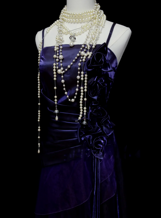 Elegantes, langes A-Linien-Abendkleid mit Spaghettiträgern, Traubenmuster und Blumenmuster, Partykleid, Outfit für den 19. Geburtstag, Abschlusskleid OB048