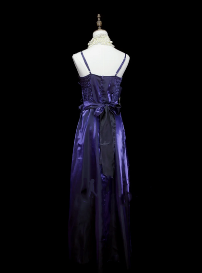 Robe de bal longue chic à bretelles spaghetti, couleur raisin et fleurs, coupe trapèze, idéale pour une soirée, un 19e anniversaire ou une remise de diplôme (OB048)