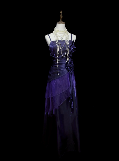 Robe de bal longue chic à bretelles spaghetti, couleur raisin et fleurs, coupe trapèze, idéale pour une soirée, un 19e anniversaire ou une remise de diplôme (OB048)