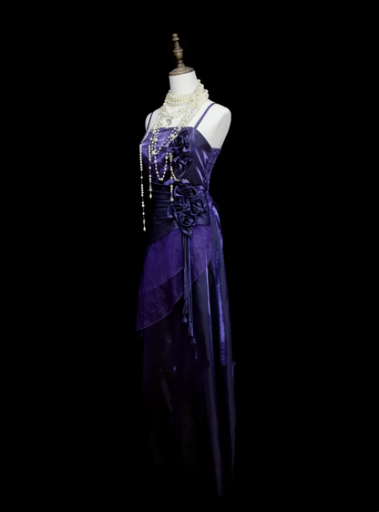 Robe de bal longue chic à bretelles spaghetti, couleur raisin et fleurs, coupe trapèze, idéale pour une soirée, un 19e anniversaire ou une remise de diplôme (OB048)