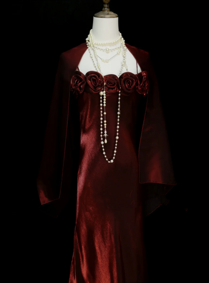 Elegantes, burgunderrotes A-Linien-Abendkleid mit Spaghettiträgern und Blumenmuster, Cape-Verzierung, Partykleid, Outfit für den 19. Geburtstag, Abschlusskleid OB049