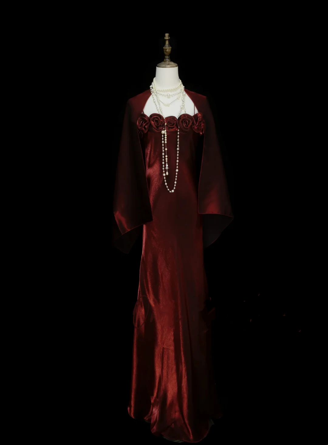 Elegantes, burgunderrotes A-Linien-Abendkleid mit Spaghettiträgern und Blumenmuster, Cape-Verzierung, Partykleid, Outfit für den 19. Geburtstag, Abschlusskleid OB049