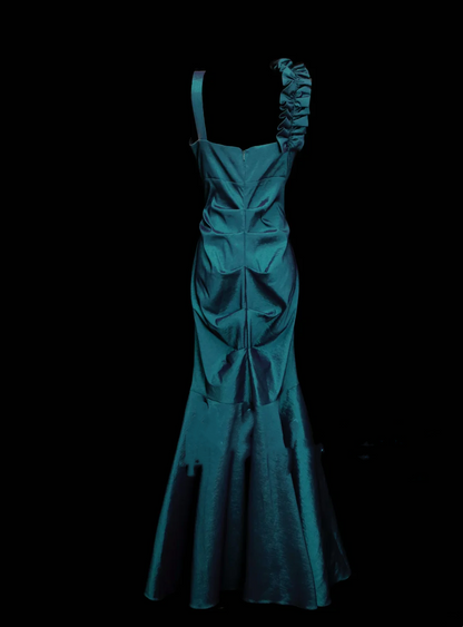 Stunning Mermaid V Neck Blue Satin Pleated Long Prom Dresses Evening Outfits Formal Dress OB050