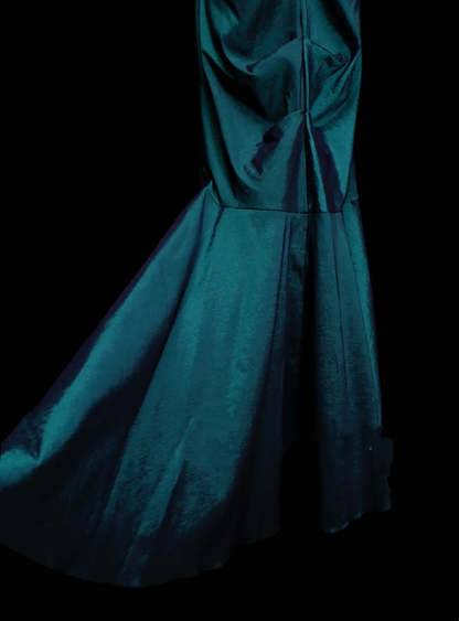 Stunning Mermaid V Neck Blue Satin Pleated Long Prom Dresses Evening Outfits Formal Dress OB050