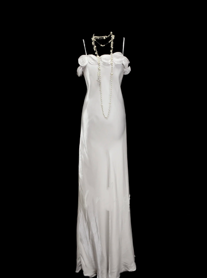 Robe de soirée sirène vintage à fines bretelles, style années 80, 70, 90, blanche, longue, idéale pour les bals de fin d'année ou les remises de diplômes (N1148)