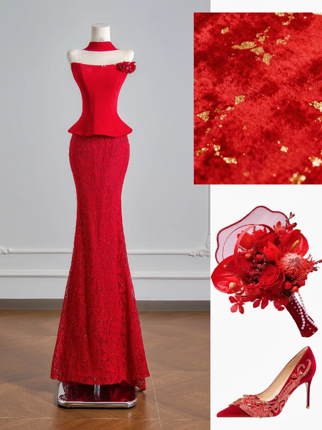 Figurschmeichelndes, trägerloses Meerjungfrauen-Abendkleid aus rotem Satin und Spitze, langes formelles Abendkleid für Geburtstagsfeiern N387