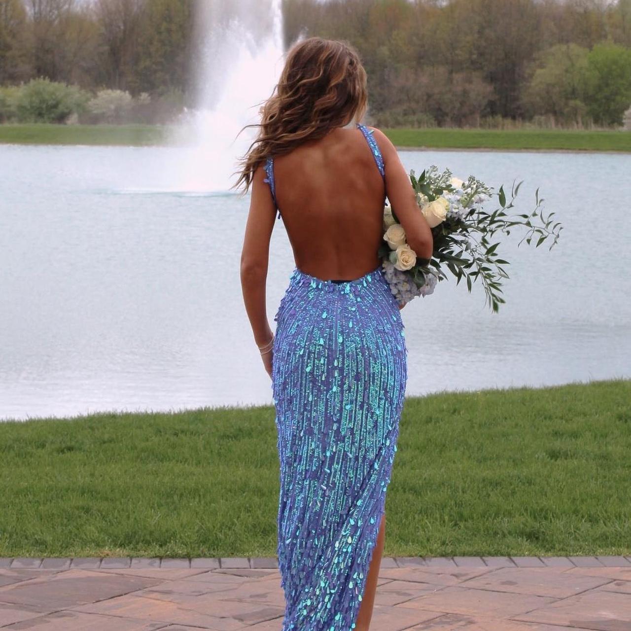 Sexy Mermaid V Neck Blue Sequin Beads Split Long Prom Dresses Inspo Prom Gown RB1311
