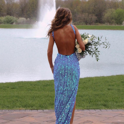 Sexy Mermaid V Neck Blue Sequin Beads Split Long Prom Dresses Inspo Prom Gown RB1311
