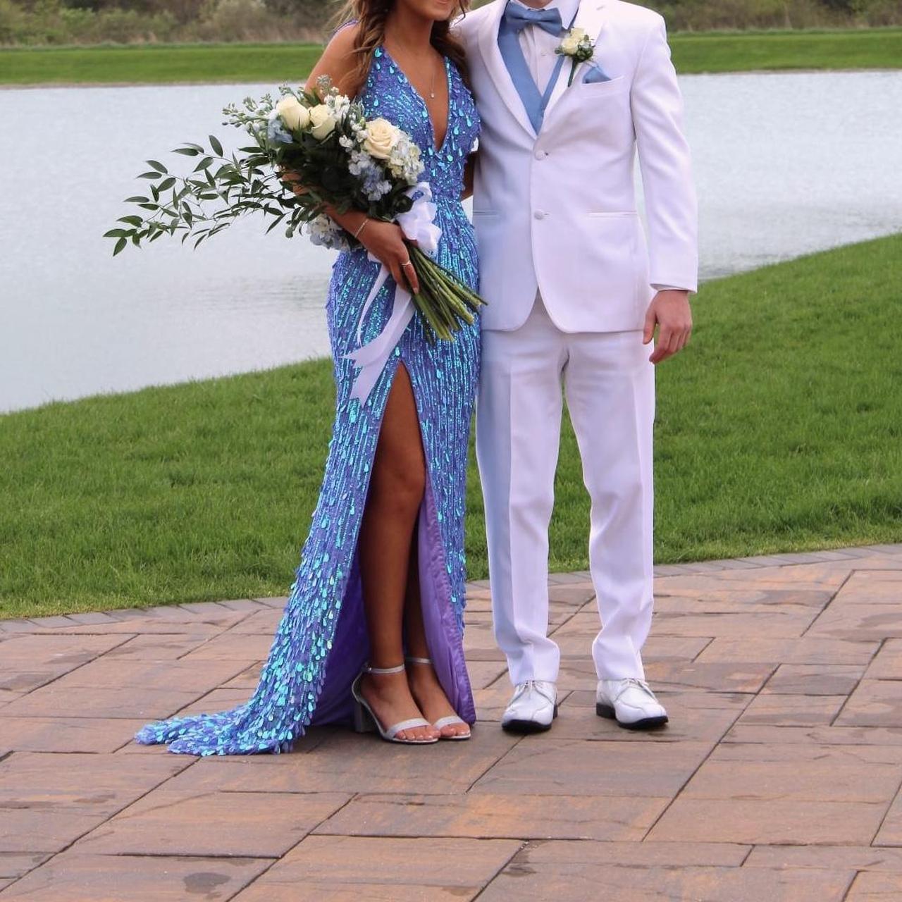 Sexy Mermaid V Neck Blue Sequin Beads Split Long Prom Dresses Inspo Prom Gown RB1311