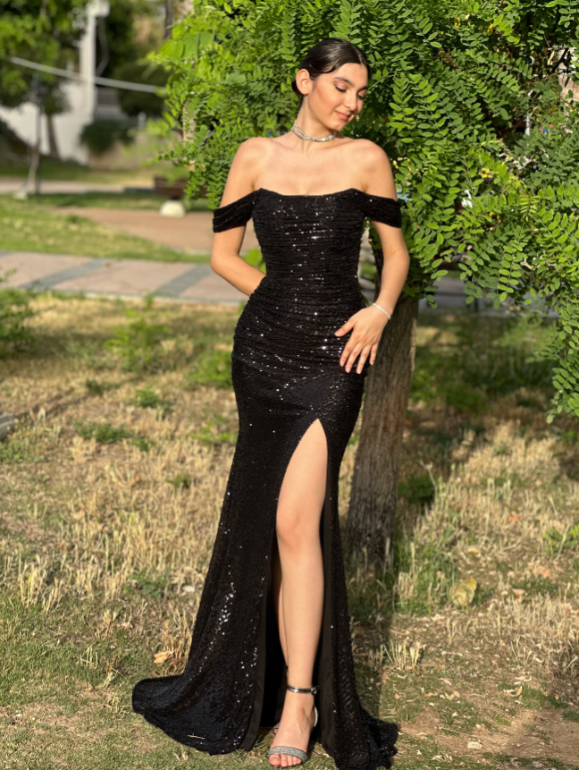 Robe de bal longue noire à paillettes et épaules dénudées, style sirène, tenue de soirée pour 18 ans, style lycée, RB1238