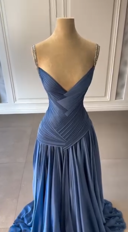 Vintage Mermaid Spaghetti Straps Blue Chiffon Long Prom Dresses Inspiration Prom Gown RB1294