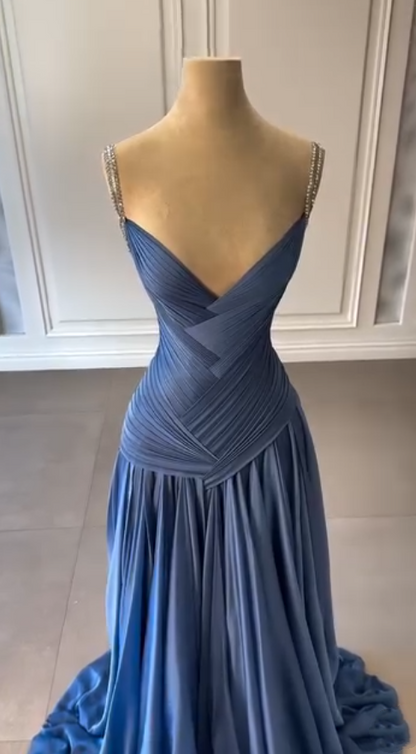 Vintage Mermaid Spaghetti Straps Blue Chiffon Long Prom Dresses Inspiration Prom Gown RB1294