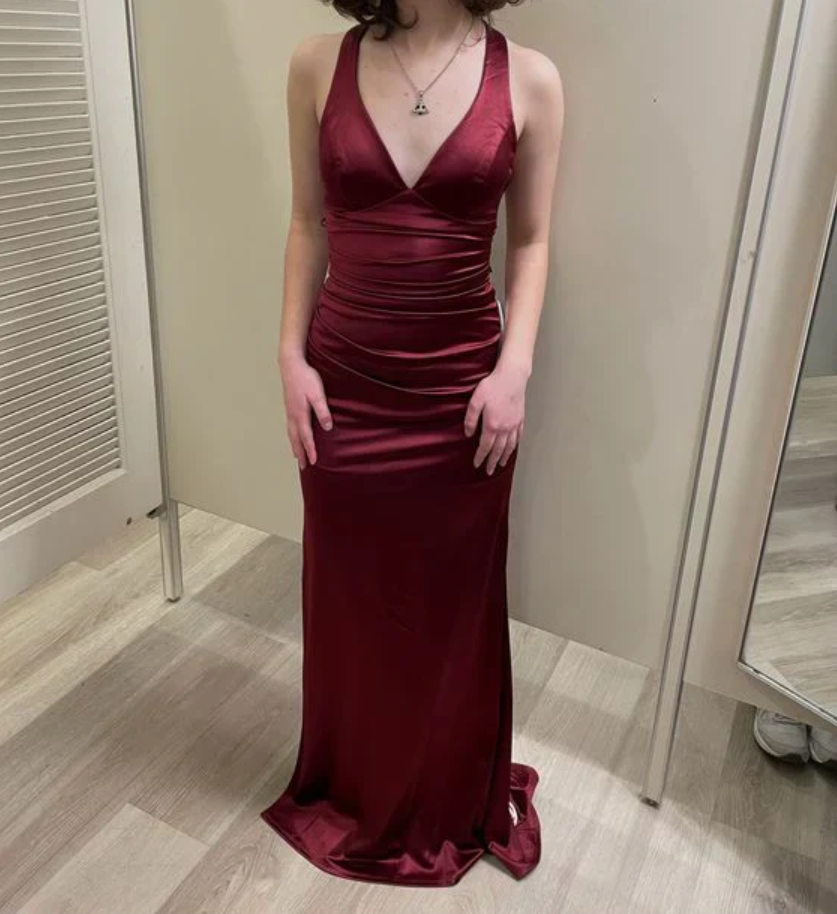 Chic Mermaid V Neck Burgundy Satin Prom Dresses Formal Dress 18th Birthday Outfits Prom Gown RA072