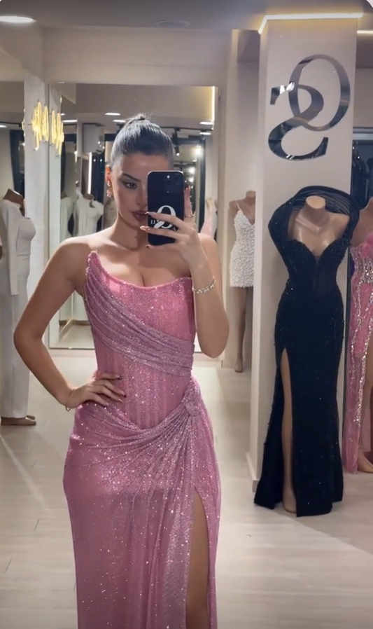 Long Classy Prom Gown Mermaid Strapless Pink Sequins Long Prom Dress Inspiration Party Senior Dance Slit Prom Dresses RB1144