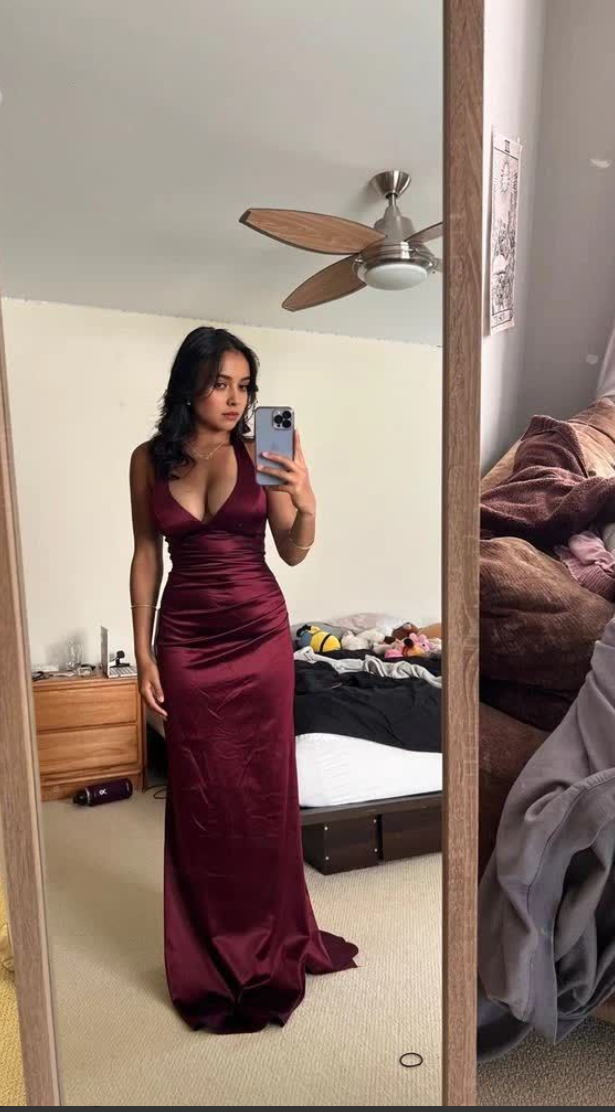 Chic Mermaid V Neck Burgundy Satin Prom Dresses Formal Dress 18th Birthday Outfits Prom Gown RA072