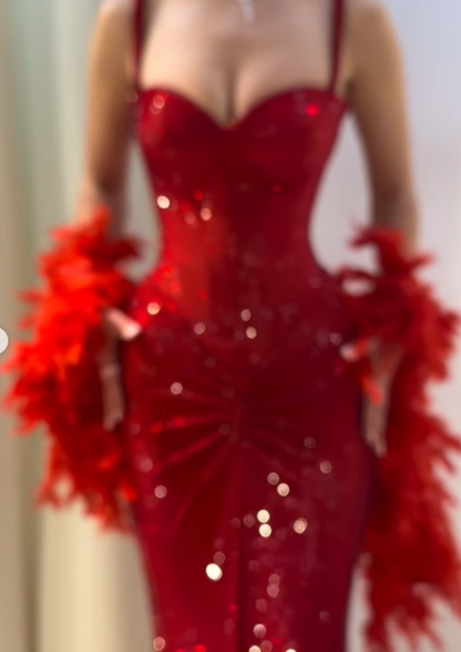 Classy Mermaid Spaghetti Straps Red Sequin Long Prom Dresses Inspo Glitter Prom Gown RB1474