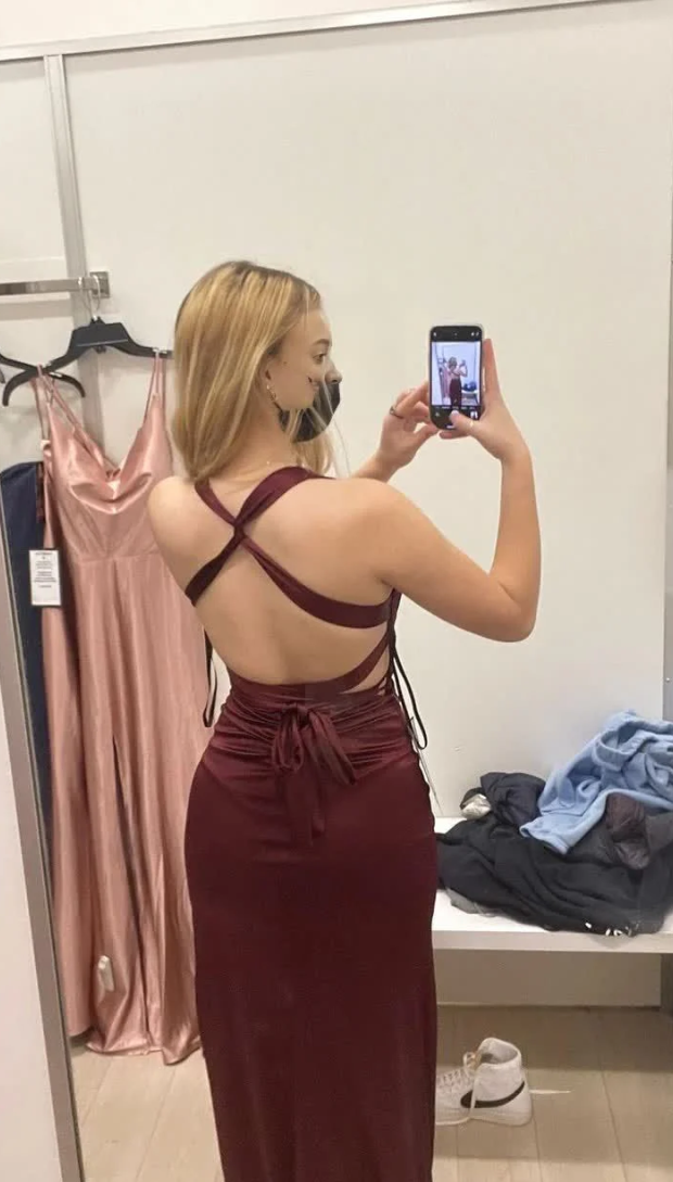 Chic Mermaid V Neck Burgundy Satin Prom Dresses Formal Dress 18th Birthday Outfits Prom Gown RA072