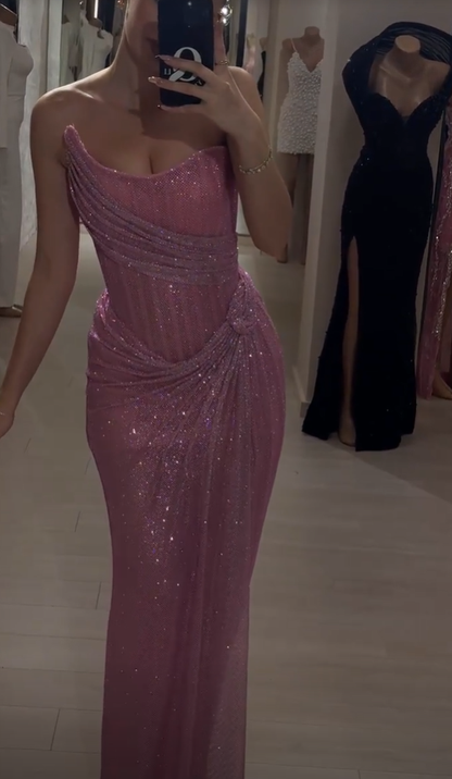 Long Classy Prom Gown Mermaid Strapless Pink Sequins Long Prom Dress Inspiration Party Senior Dance Slit Prom Dresses RB1144