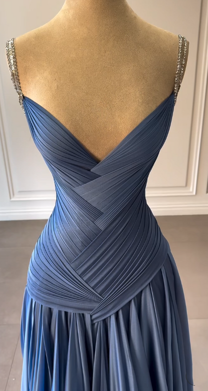 Vintage Mermaid Spaghetti Straps Blue Chiffon Long Prom Dresses Inspiration Prom Gown RB1294